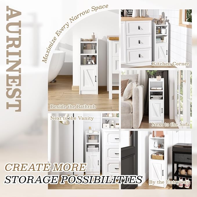 Narrow Bathroom Storage Cabinet with Door & Adjustable Shelf, 9.8" W Slim Storage Cabinet for Small Spaces, Skinny Toilet Paper Cabinet, 9.8" W × 7.9" D × 29.5" H, White - Image 6
