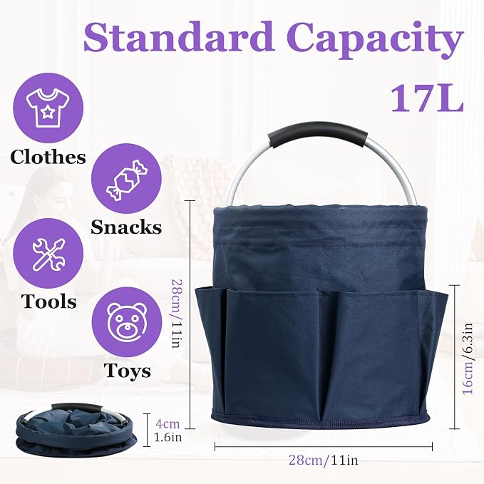 17L Cleaning Caddy with Handle, Portable Shower Caddy in 600D Oxford Fabric, Bucket Tool Organizer with 6 Side Pockets, Collapsible Storage Basket for Cleaning, Camping, Navy Blue - Image 2