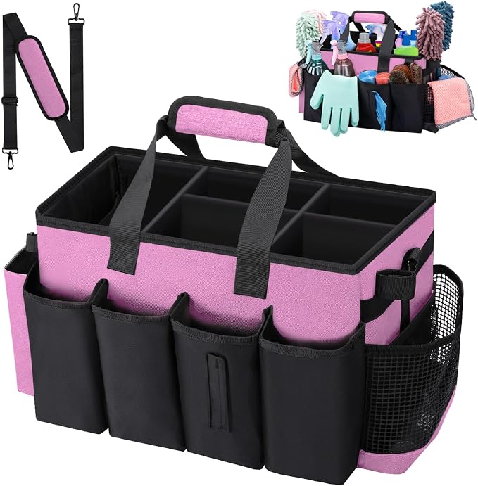 Wearable Large Cleaning Caddy Bag for Housekeepers (Pink) | Cleaning Supplies Organizer with Adjustable Shoulder, Waist & Handle Straps, Detailing Bag for Kitchen Supplies by wigojoy