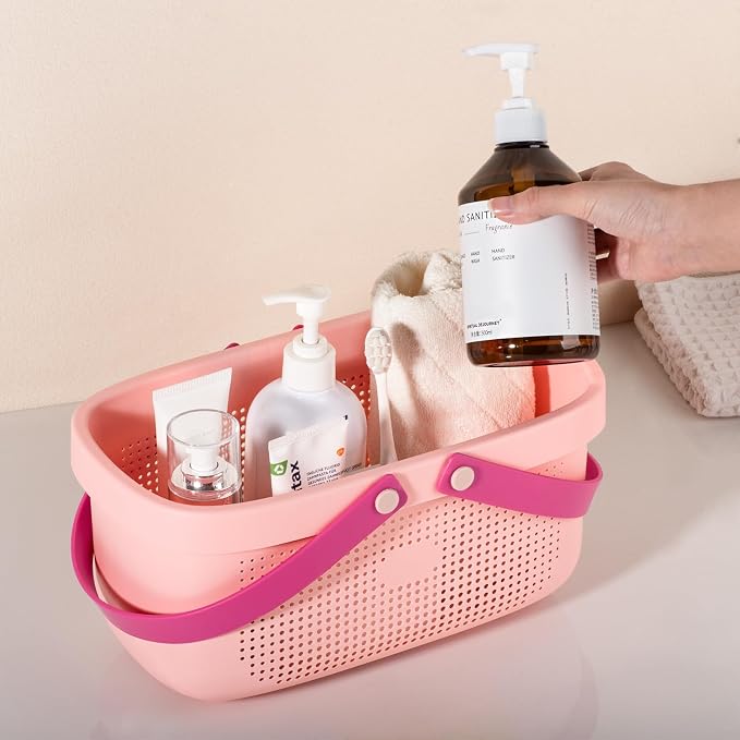 Portable Shower Caddy Basket with Handles Plastic Storage Basket Light Pink | Sturdy Drainage Large Capacity Organizer Basket with Silicone Handles for Bathroom Kitchen Bedroom College Dorm Essentials - Image 5