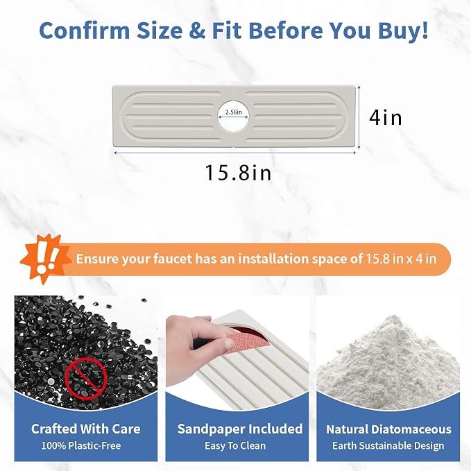 Faucet Mat for Kitchen Sink, Water Absorbent Kitchen Faucet Mat, Durable Sink Splash Guard with Raised Feet, Diatomite Fast Drying Kitchen Sink Faucet Mat, Bathroom Stone Drying Tray for Counter - Image 3