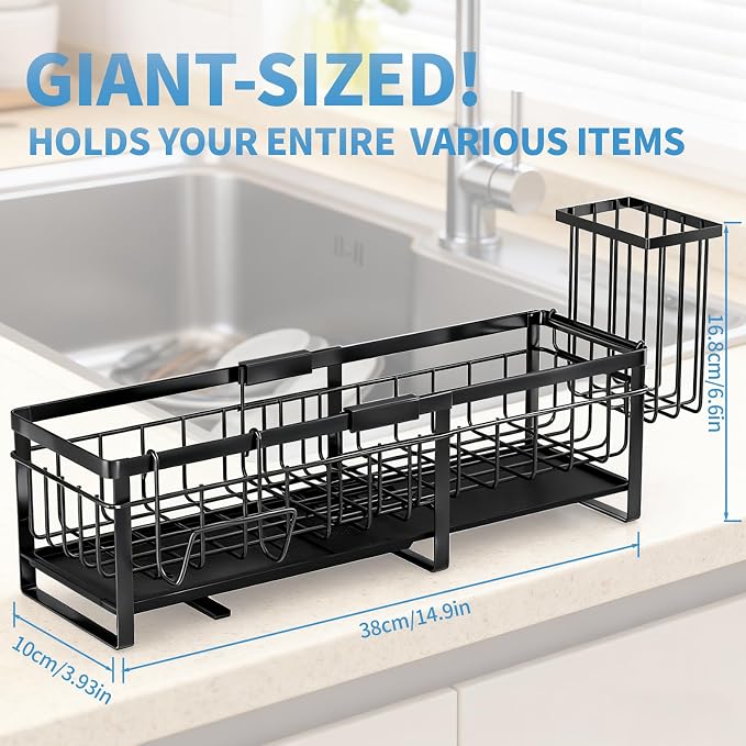 Extra Large Extendable Sponge Holder for Kitchen Sink Caddy Organizer | Rustproof Sink Caddy Organizer with High Brush Holder, Dish Soap Dispenser Organizers and Storage (Black) - Image 3
