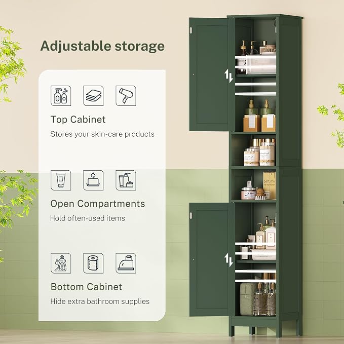 67" Tall Bathroom Cabinet with Adjustable Shelves and Doors, Narrow Bathroom Storage Cabinet for Small Space, Living Room, Entryway, Kitchen, Green - Image 6