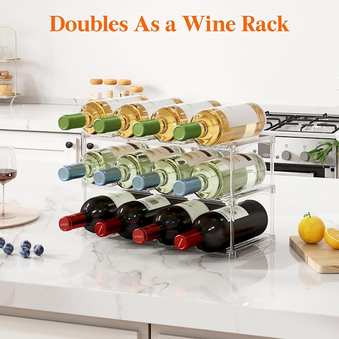 Lifewit Stackable Bottle Storage Organizer, Clear Freestanding Wine Holder for Cabinet, Large Slot Water Bottle Tumbler Cup Organizer for Pantry, Plastic Wine Rack for Fridge Cellar, 3Tier Hold 12 - Image 9
