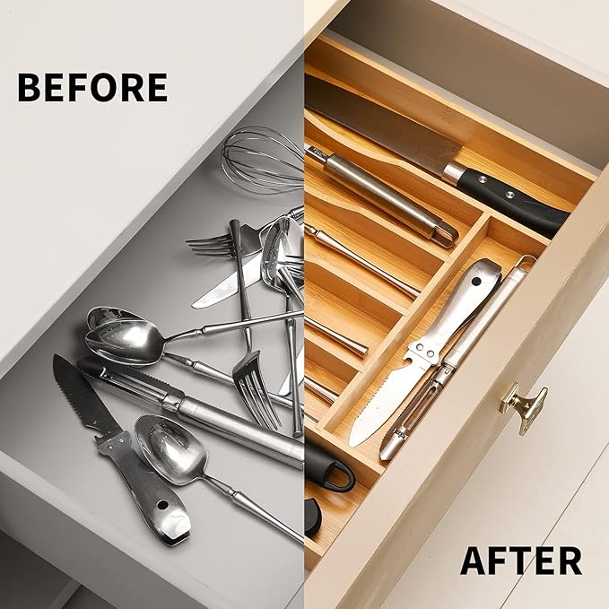 Expandable Bamboo Kitchen Drawer Organizer for Cutlery and Utensils, Adjustable Bamboo Wood Cutlery Tray in Drawer for Flatware and Silverware in Kitchen, (Natural) - Image 4