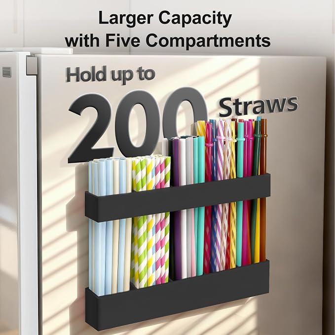 9.5” Large Acrylic Straw Holder for Cabinet Door, Adjustable Two-Part | Reusable Straws Organizer with Ultra Sticky Adhesive Strips, 2026 Straw Storage for Kitchen Cupboard (Black) - Image 3