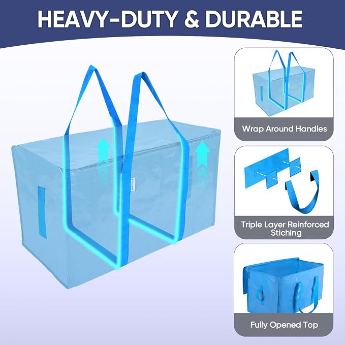 TICONN 8 Pack Extra Large Moving Bags Heavy Duty with Zippers & Carrying Handles, Durable Storage Bags Moving Boxes for Closet Organizers and Storage (8 Pack, Sky Blue) - Image 3