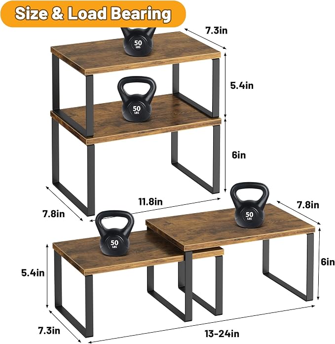 Kitchen Cabinet Organizer Shelf Set of 4, Sturdy Kitchen Counter Shelves with Metal Legs, Stackable Expandable Wood Spice Rack Pantry Cupboard Dish Mug Cup Storage Organizer Shelf, Rustic Brown - Image 4