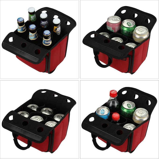 Portable Drinks Tote Bag for 6 PCS Beverage Cans/Bottles, Neoprene Insulated Drinks Can Bottle Carrier Tote Beverages Cans Cooler Bag Holder for Camping, Picnic, Party (Red) - Image 9