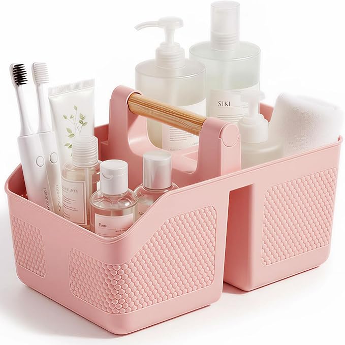 Plastic Shower Caddy Portable Shower Basket with Bamboo Handle, Pink | Cleaning Caddy Organizer Storage Tote for Bathroom, College Dorm Essentials, Bath Toy Storage by rejomiik
