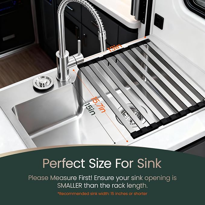 Meowoo Rectangle Dish Drying Rack, 15.7" x 13" Roll Up Over The Sink Dish Drainer Rack, Non-Slip Silicone Base, Stainless Steel Drying Rack for RV & Small Kitchen Sink, Black - Image 3
