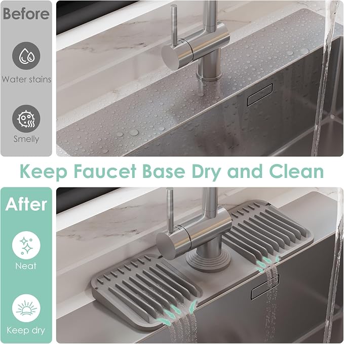 14.6-Inch Silicone Faucet Mat for Kitchen Sink Splash Guard, 7° Slope | 14.6"x5.5" water draining mat with fasten button; 1.6-2.75" customizable hole for bathroom, RV & kitchen sink drip catcher. - Image 6