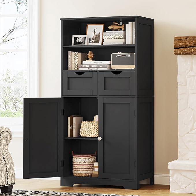 Iwell Tall Storage Cabinet, Black Storage Cabinet & Adjustable Shelves, Bathroom Cabinet for Living Room, Dining Room, Entryway, Black - Image 5