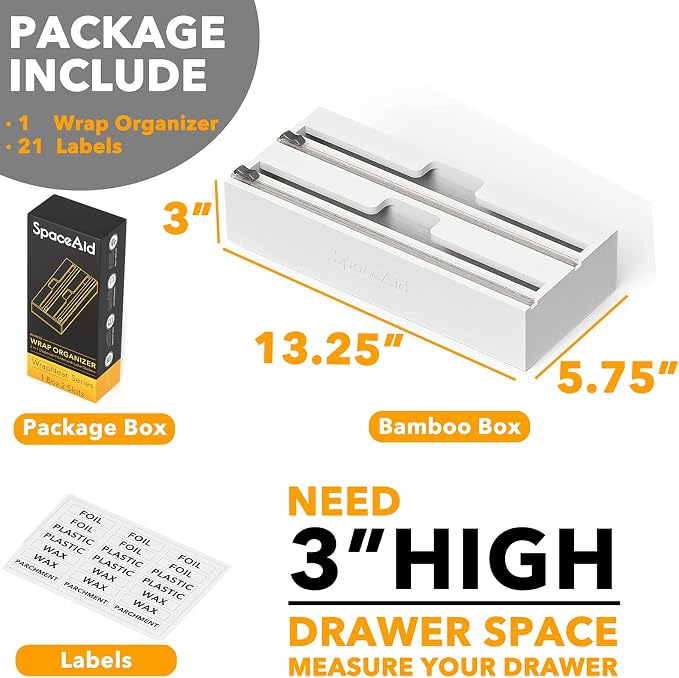SpaceAid WrapNeat 2 in 1 Wrap Organizer with Cutter and Labels, Plastic Wrap, Aluminum Foil and Wax Bamboo Dispenser for Kitchen Storage Organization Holder for 12" Roll (White) - Image 3