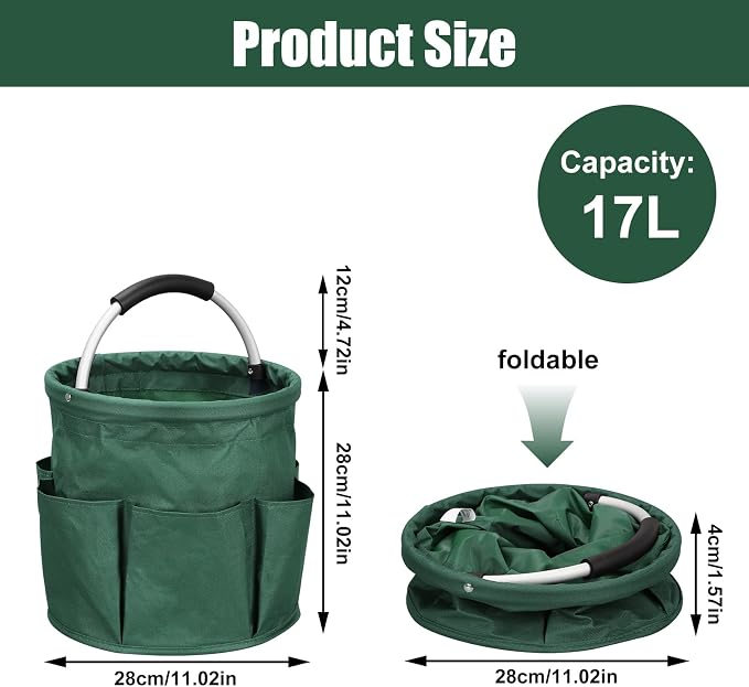 Qivine 17L Cleaning Caddy with Handle, Foldable Cleaning Supply Caddy Green | Cleaning Caddy for Cleaning Supplies, Portable Cleaning Supplies Organizer with 6 Pockets, Cleaning Bucket for Kitchen Garden - Image 2