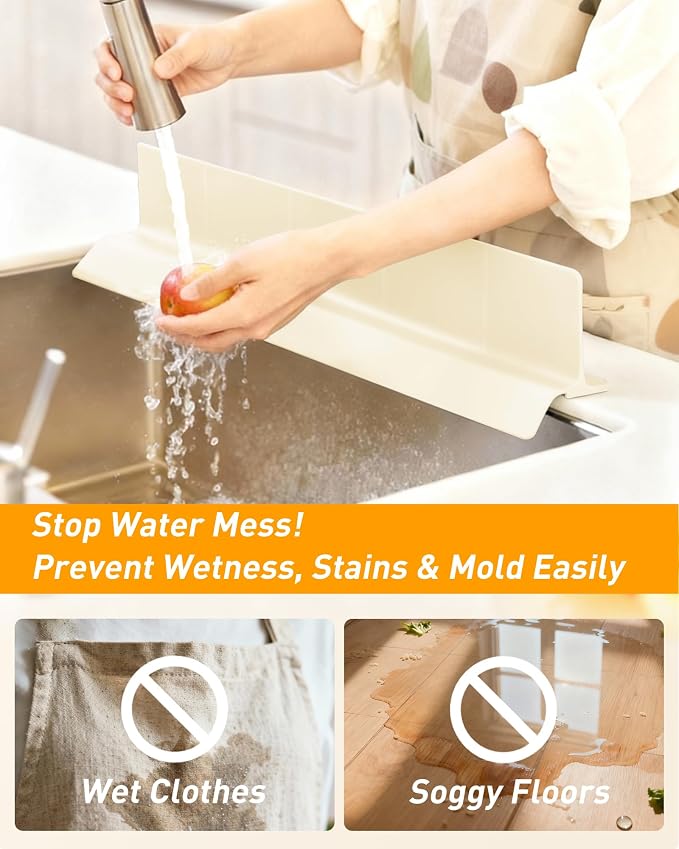 Kitchen Sink Splash Guard 23" 18" 30" Silicone Water Guard with Strong Suction Cups, Faucet & Countertop Protector, Bathroom & Sink Edge Splash Guard Strip, Dishwasher Safe-Cream 23" - Image 2
