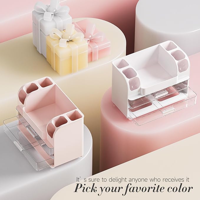 Delamu Large Makeup Organizer Countertop with 6 Brush Holders, White | Vanity Organizer with 2 Drawers, Gift for Women & Girls, Holds Perfume, Skincare, Lipstick, Nail Polish & Hair Accessories - Image 9