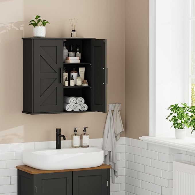 Homleke Bathroom Wall Cabinet, Medicine Cabinet with Adjustable Shelves | 3-Tier Wall Mounted Over Toilet Storage with Barn Doors, for Bathroom, Kitchen, Entryway, Laundry Room, Black, (7.9" D) - Image 2