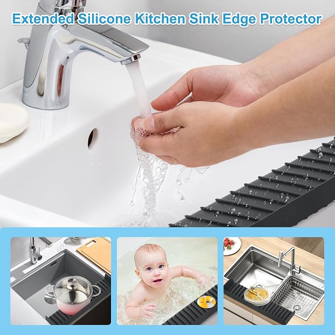 Silicone Faucet Splash Guard 4" x 30", Faucet Water Catcher Mat, Longer Silicone Sink Mat for Kitchen, Bathroom, Laundry Room, Farmhouse for Quartz Kitchen Sink（Black） - Image 6