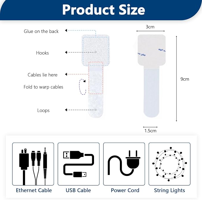 Abnii 50 PCS Hook and Loop Cable Ties, Under Desk Cable Management, White | Self Adhesive Cable Clips Straps, Sticky-Back Cord Organizer, Wire Organizer for TV PC Laptop Ethernet Desktop - Image 3