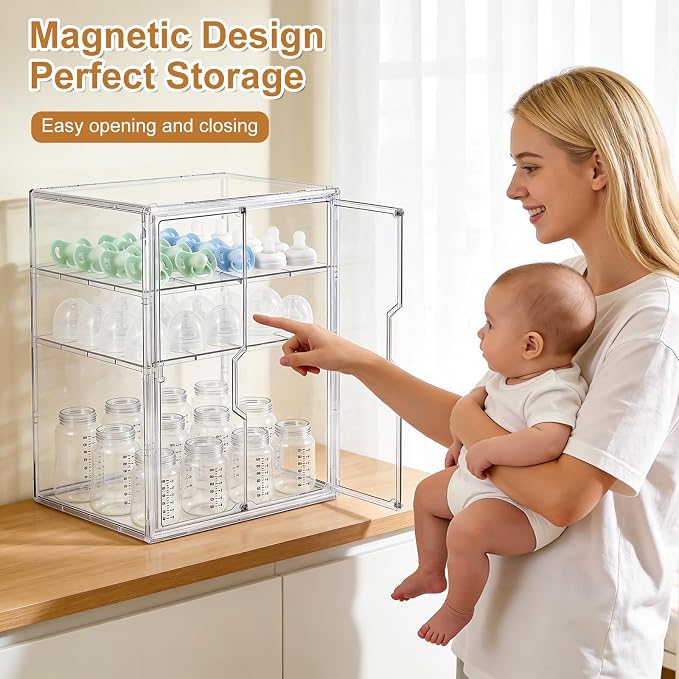 ERTIUANIO Baby Bottle Organizer for Countertop Cabinet Storage | 3 Tier Adjustable Clear Acrylic Station Container with 2 Removable Dividers for Vanity, Bathroom, Nursery, Gifts for New Mom - Image 4