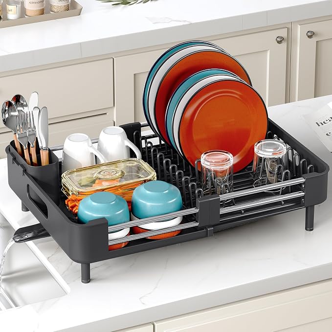 TOOLF Expandable Dish Drying Rack with Cutlery Holder, Standard, Black | Stainless Steel &PP, Extenable 12.6"-18.7"D, Anti-Rust, Auto-Drainage, Space-Saving, Fit for RV, Apartment Sink Countertop - Image 9