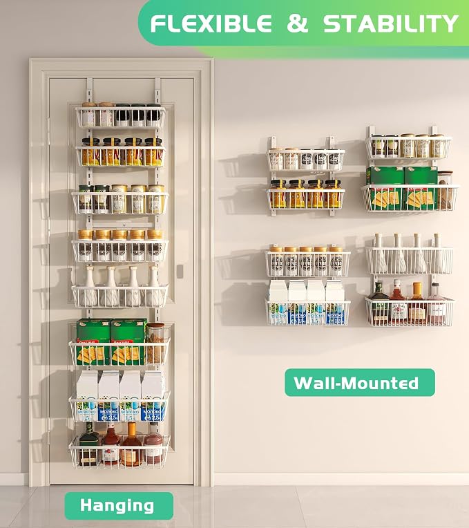 Mefirt White 12 Inch Wide Narrow Over The Door Pantry Organizer | Pantry Hanging Organizers and Storage, Adjustable Heavy-Duty Metal for Home & Kitchen, Back of Door Seasoning Rack - Image 4
