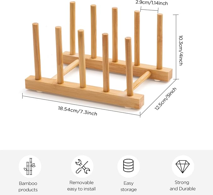 Bamboo Dish Drying Rack for Kitchen Counter & Cabinet (4 Slots) | Detachable Dish/Book/Plate/Bowl/Cup/Cutting Board/Pot Lid Organizer for Kitchen, Living Room, Study, Display Cabinet - Image 2