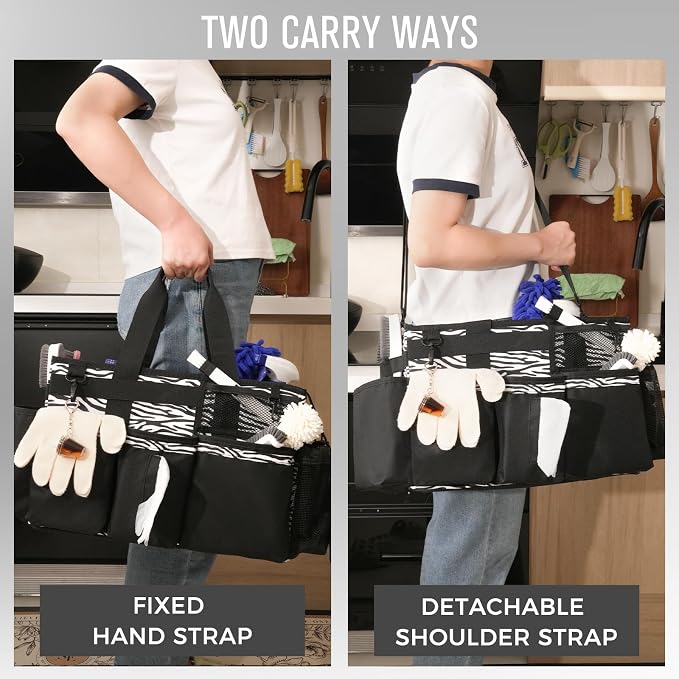 SCAVATA Wearable Cleaning Caddy, Cleaning Caddy Supplies Organizer with Handle & Shoulder Straps for Housekeepers, Under Sink & Car Cleaning Tool Organizers Bag with 4 Foldable Divider (ZebraStripe) - Image 6