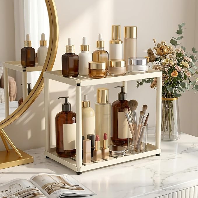 2 Tier Bathroom Counter Organizer, Rectangular Vanity Organizer Shelf, Skincare and Makeup Countertop Storage Rack for Kitchen, Bathroom, Bedroom Beige - Image 6