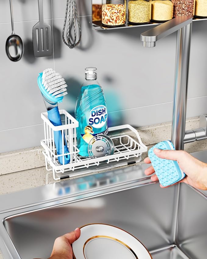 Consumest Sponge Holder for Kitchen Sink - Sink Caddy Organizer with Removable Drip Tray for Countertop Dish Soap Dispenser Brush Storage Kitchen Accessories 304 Stainless Steel, White - Image 6