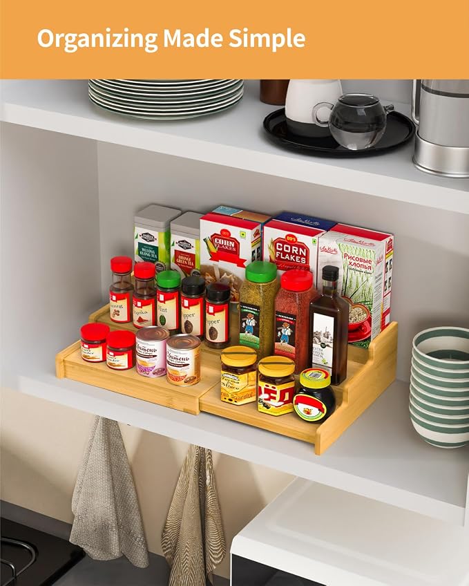 Spice Rack 3-Tier Natural Bamboo, Adjustable Cabinet Organizer Shelf | Expands 8.7-15.6"cabinets. Stepped design, labels visible.Storage organizer saves space, easy wipe. For spices, jars,cans. - Image 7