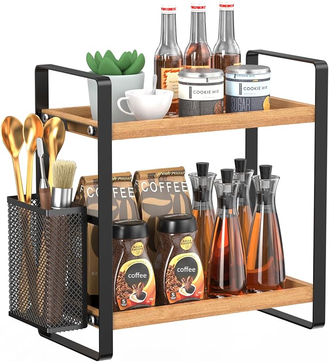 2-Tier Coffee Bar Organizer With Basket,Wooden Counter Shelf for Coffee Bar Accessories,Kitchen Spice Rack Organizer for Countertop-Brown by LemikkleDirect