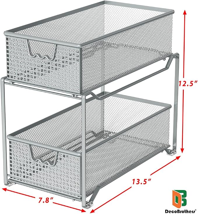DecoBrothers 2 Tier Bathroom Storage Organizer with Pull-Out Drawer, Silver - Image 3