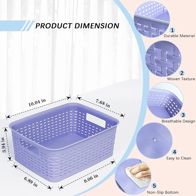 Plastic Storage Baskets for Cabinets, Household Pantry Organization with Handle,Organizer Bins for Room,Bathrooms,Under-Sink,Kitchen (Purple, S-3PACK) - Image 2