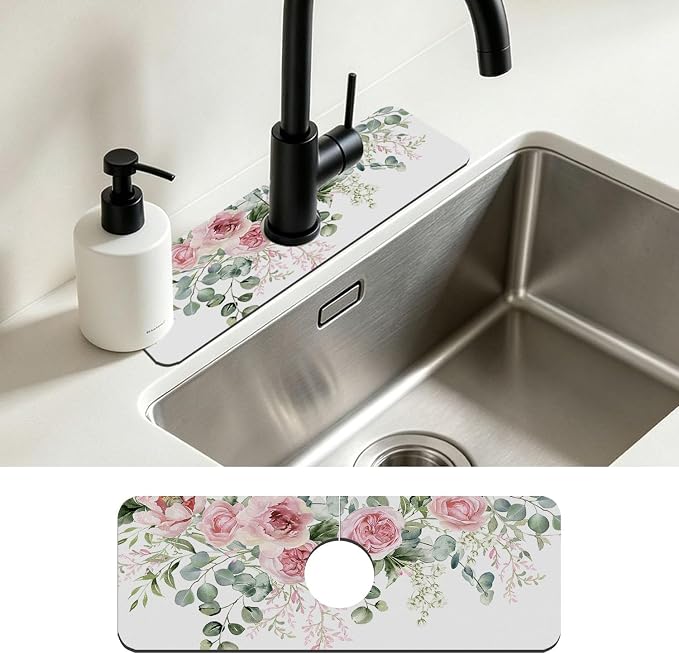 Faucet Mat for Kitchen Sink Watercolor Floral Pink Flowers Sink Splash Guard Behind Faucet Soft Diatom Mud Material Non-slip Easy to Clean for Bathroom & Kitchen 15"X5.5" by Unknown