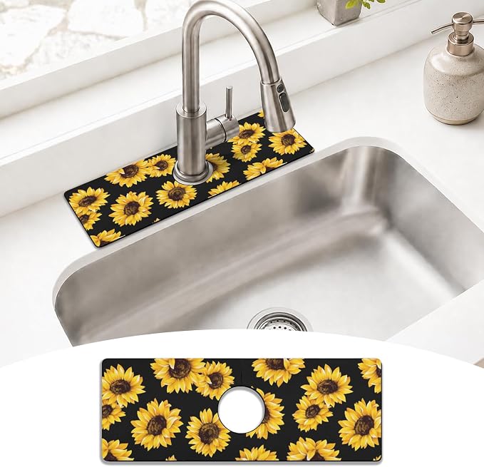 Vintage Black Sunflowers Kitchen Sink Splash Guard Faucet Mat,Faucet Non-Slip Absorbent Mat,Farmhouse Sink Splash Guard Behind Faucet for Kitchen Bathroom, 15"x5.5" by puwbnhj