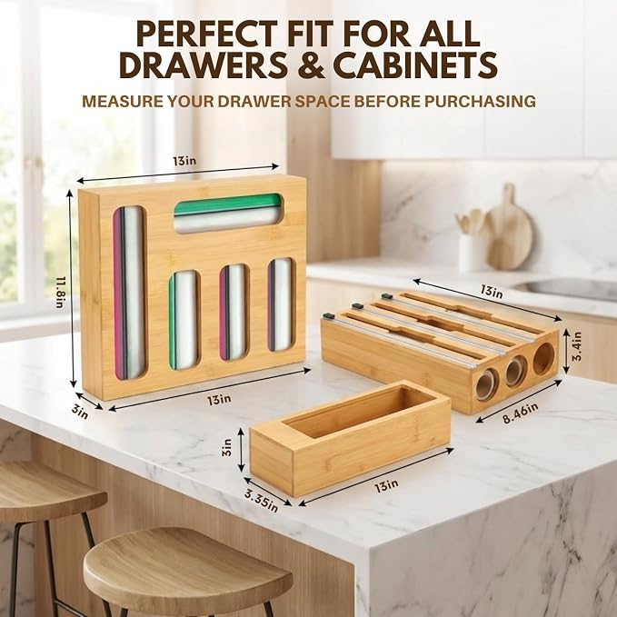 9 in 1 Bamboo Kitchen Drawer Organizer for Storage Bags, Foil & Plastic Wrap Holder with Built-In Cutter, Fits Gallon, Quart, Sandwich, and Snack - Image 2