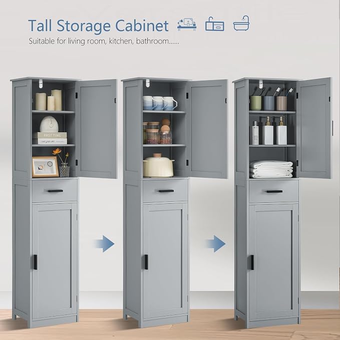 usikey 67“ Tall Bathroom Cabinet, Storage Cabinet with 4 Shelves & 2 Doors, Narrow Storage Cabinet for Bathroom, Living Room, Home Office, Greige - Image 4