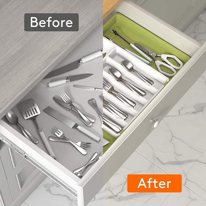 Lifewit Extra Large Silverware Drawer Organizer, Expandable Utensil Tray | BPA Free Flatware Cutlery Holder for Kitchen, Adjustable Plastic Storage for Spoons Forks Knives, 13-22 x15, Green&White - Image 6