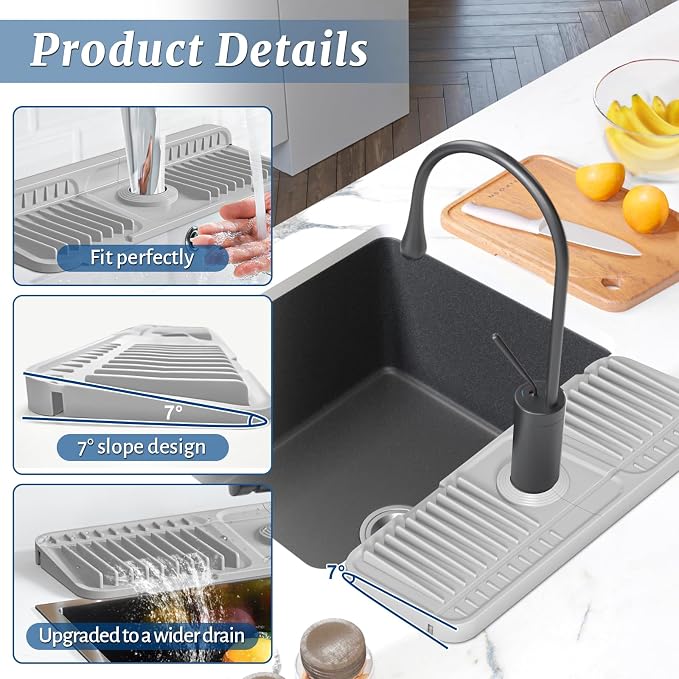 PoYang 14.6 Inch Faucet Mat for Kitchen Sink Splash Guard, Light Grey | Sink Protectors with 7° Slope for Smooth Drainage, Snap Button Holds It in Place, 90° Foldable & Cuttable Hole Fit Most Sinks - Image 8