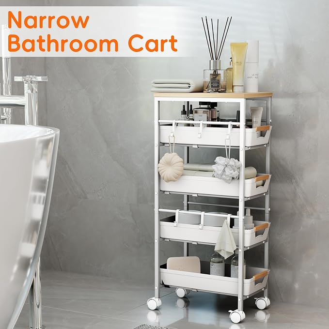 5-Tier Slim Storage Cart, Wooden Top Rolling Kitchen Cart with Pull-Out Baskets & Wheels, Narrow Space Utility Cart Slide Out Organizer for Kitchen, Bathroom, Laundry Room, White - Image 8
