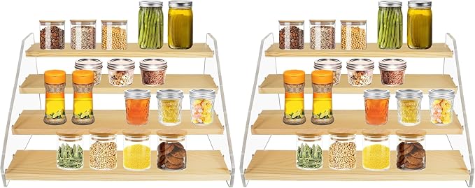 VAEHOLD Spice Rack Organizer for Cabinet & Countertop - Seasoning Organizer Spice Shelf - Space Saving Wooden Display Risers Shelf Showcase Fixtures Jewelry (4 Tier) (Pack of 2) by VAEHOLD