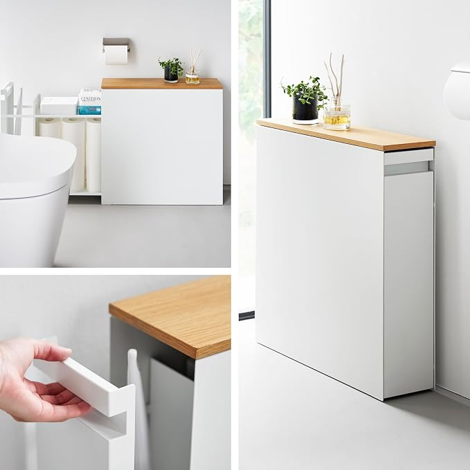 Yamazaki Home Pull-Out Bathroom Storage Cabinet with Wood Top, White | Slim space-saving bathroom storage cabinet with a natural wood top. Clever pull-out design. Holds 12 rolls of toilet paper. - Image 6