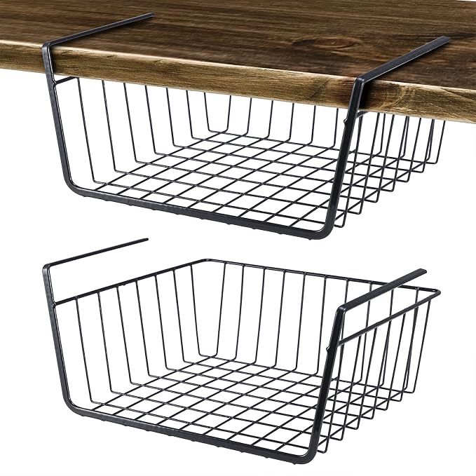 2Pcs Under Shelf Basket Metal Wire Under Cabinet Basket for Kitchen Pantry | Under Shelf Storage Basket Slides Under Shelves for Storage Space Saving for Kitchen Pantry Closet Office No Tools Required by ELEATTRUN