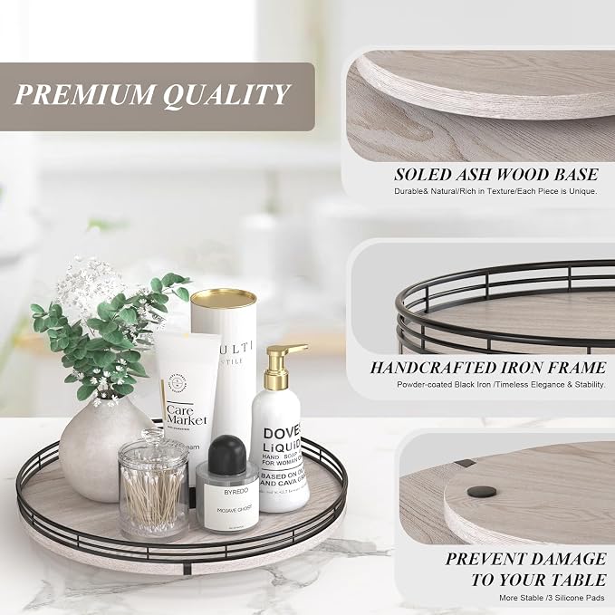 AMH 13-Inch Rustic Whitewashed Oak Lazy Susan Vanity Tray | Smooth rotating oak tray with walnut finish for dining tables, kitchen counters, pantries and cabinet storage. - Image 5
