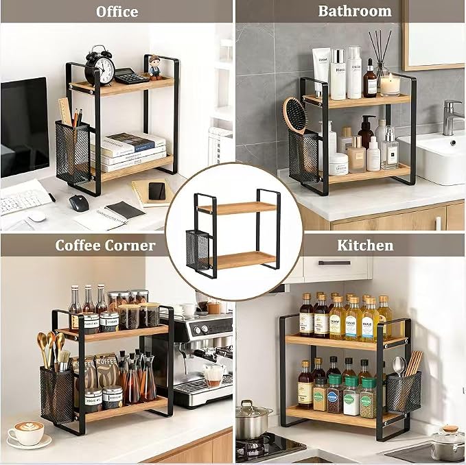 2-Tier Coffee Bar Organizer With Basket,Wooden Counter Shelf for Coffee Bar Accessories,Kitchen Spice Rack Organizer for Countertop-Brown - Image 5
