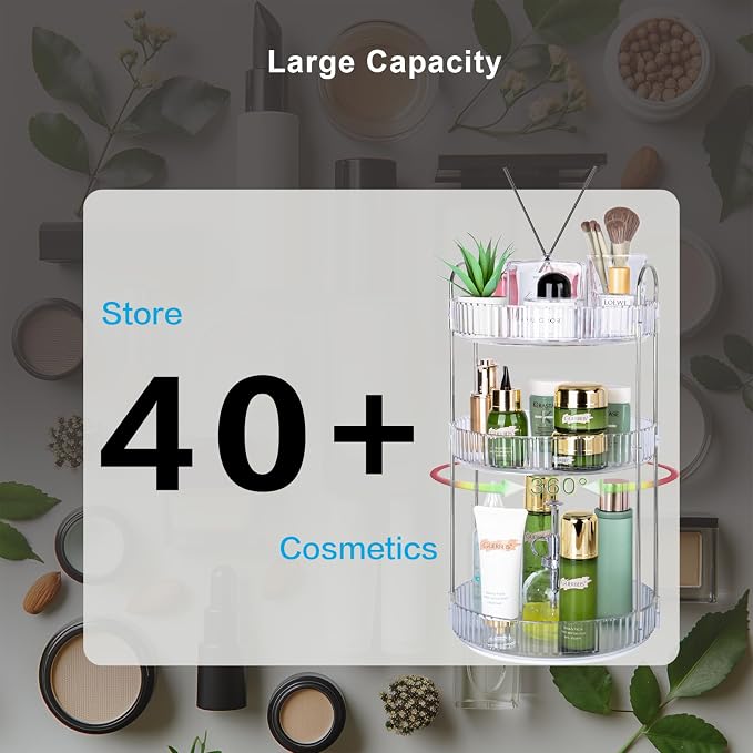 360 Rotating Makeup Organizer, 3 Tier Large Capacity Lazy Susan Bathroom Counter Organizer, Skincare Organizers, Spinning Perfume Organizer & Vanity Organizer Countertop (Silver Clear, 3 Tier) - Image 5