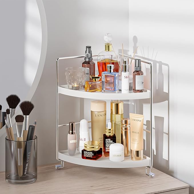 KINGNERWI 2-Tier Bathroom Counter Organizer, Vanity Corner Shelf, Silver | Makeup Skincare Storage Tray, Small Countertop Rack, Stores Cosmetics, Perfume, Seasoning, Fits Sink and Dresser - Image 6