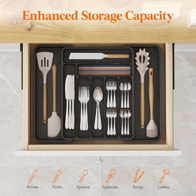 Lifewit Utensil Organizer for Kitchen Drawer, Expandable Cooking Silverware Tray, Adjustable Cutlery Flatware Holder, Plastic Spatula Tools Storage Divider, 11.8-19.6 x 15", Black - Image 2